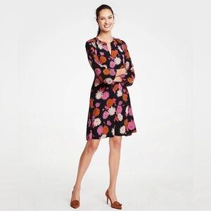 Ann Taylor Size 8 Pink Black Floral Sheer Chiffon Sleeve Flare Dress